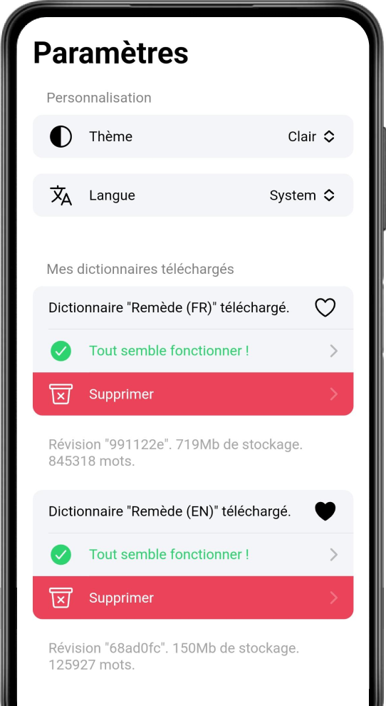 Capture d'écran de la section Mes Dictionnaires dans les paramètres de Remède.